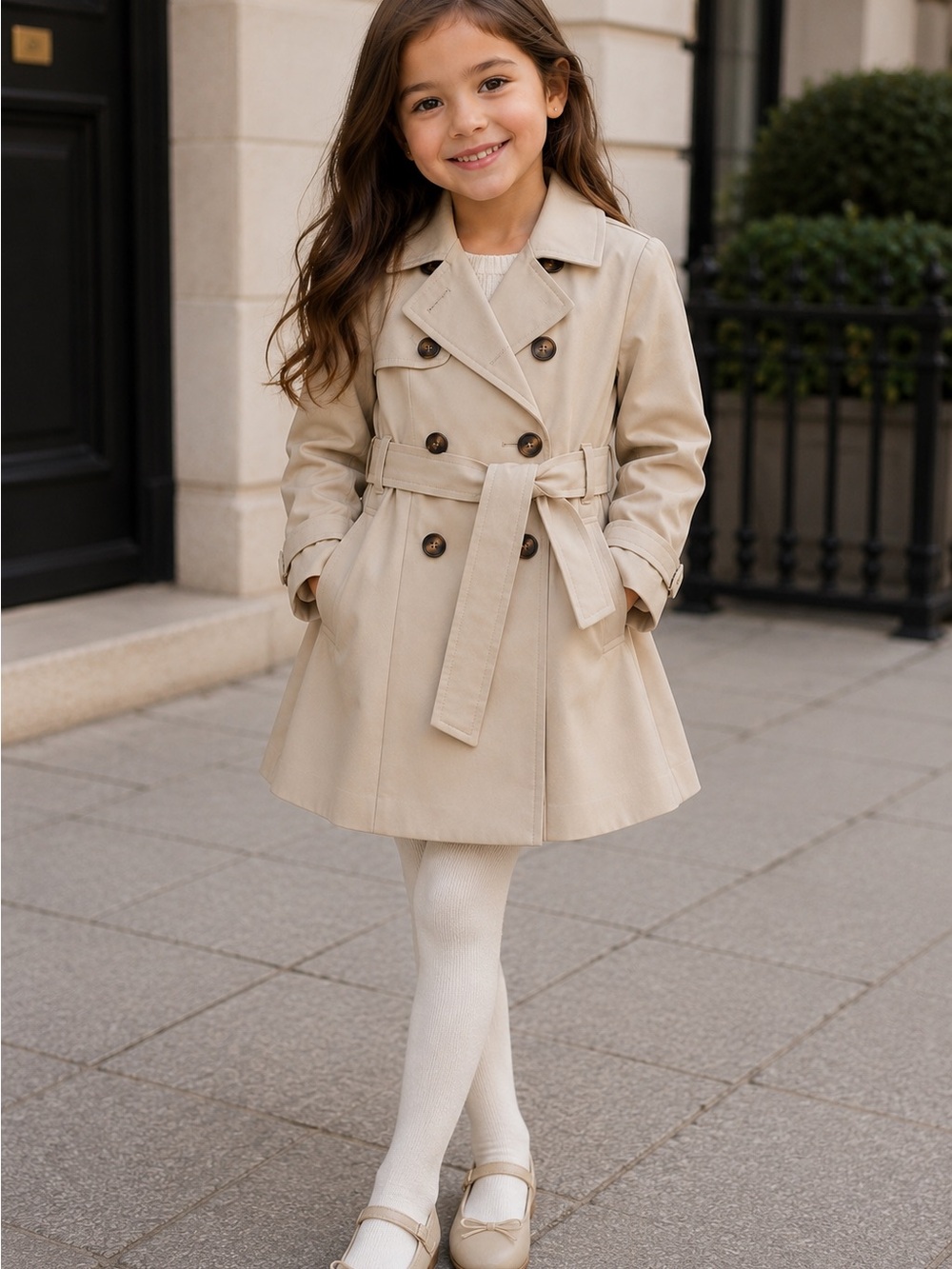Tahari Girls Beige Double-Breasted Trench Coat